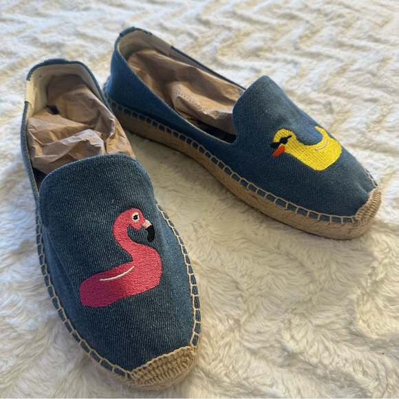 Soludos x Mary Matson Denim Embroidered Flamingo and Duck Espadrilles Size 9 - Picture 5 of 11